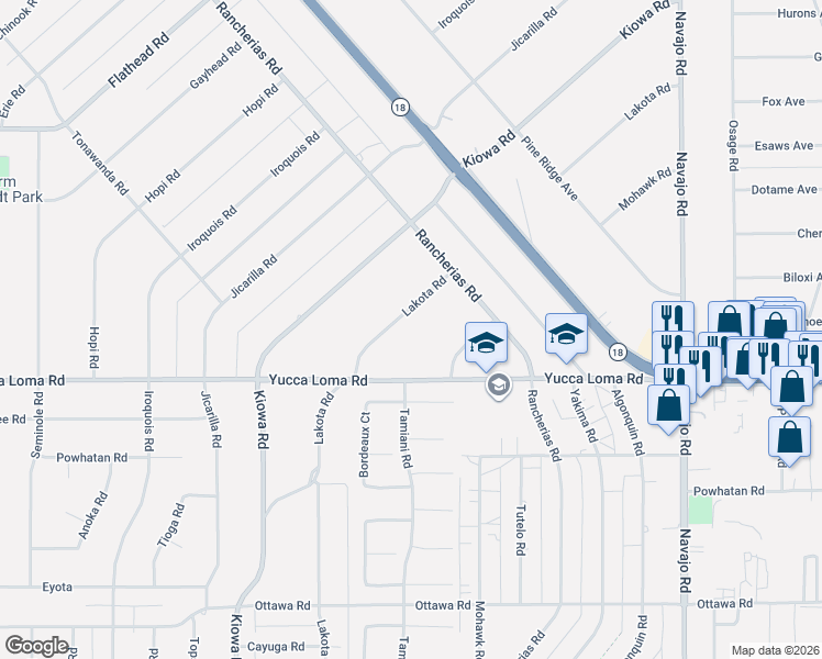 map of restaurants, bars, coffee shops, grocery stores, and more near 21194 Yucca Loma Road in Apple Valley
