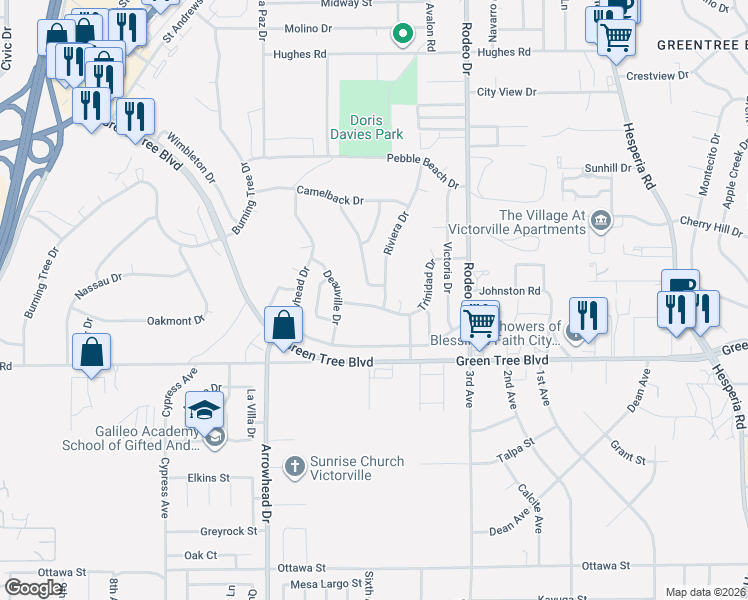 map of restaurants, bars, coffee shops, grocery stores, and more near 16333 Trinidad Drive in Victorville