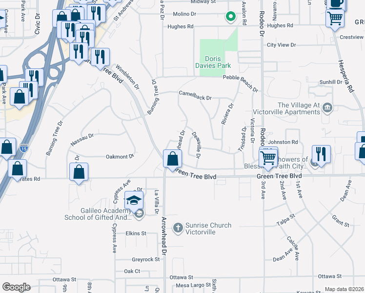 map of restaurants, bars, coffee shops, grocery stores, and more near 13776 Woodbine Drive in Victorville