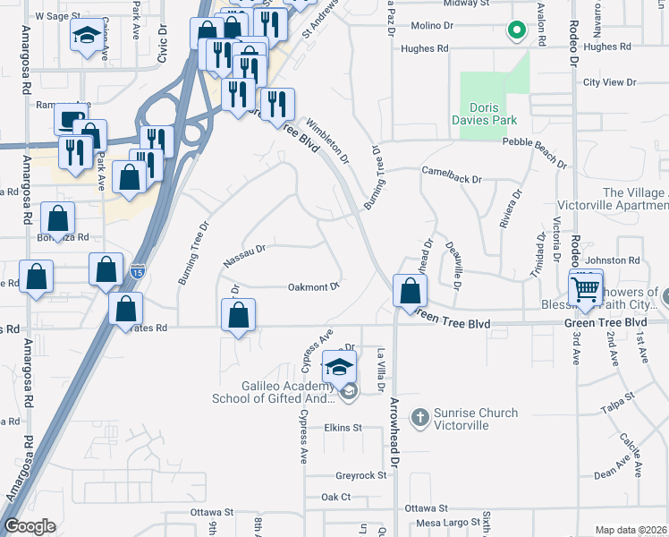 map of restaurants, bars, coffee shops, grocery stores, and more near 13789 Oakmont Drive in Victorville