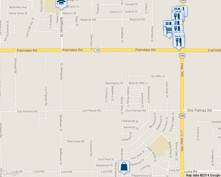 map of restaurants, bars, coffee shops, grocery stores, and more near 11644 Fulton Court in Victorville