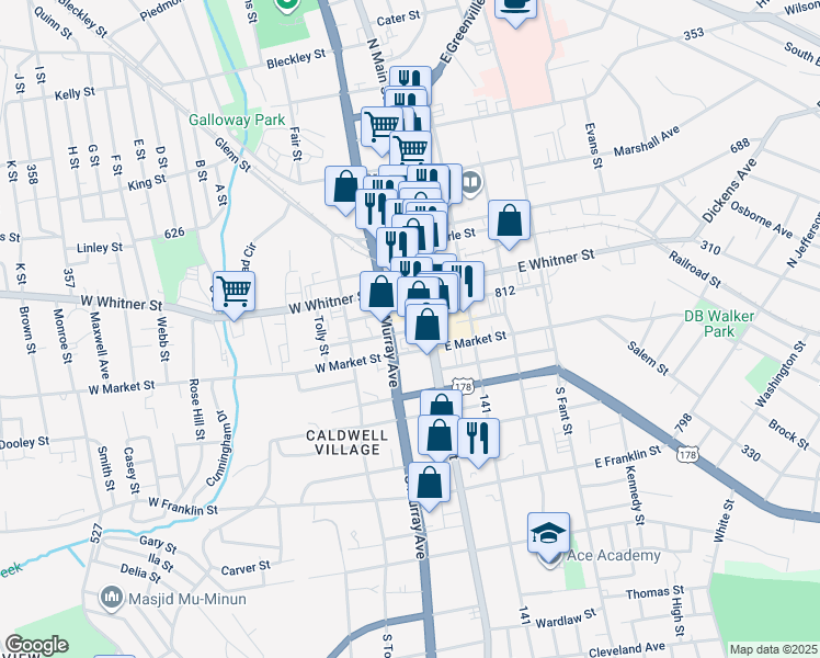 map of restaurants, bars, coffee shops, grocery stores, and more near 312 South Main Street in Anderson