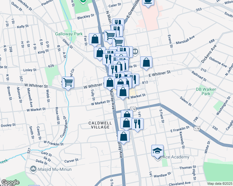 map of restaurants, bars, coffee shops, grocery stores, and more near 312 South Murray Avenue in Anderson