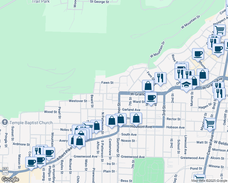 map of restaurants, bars, coffee shops, grocery stores, and more near 1303 West Grand Avenue in Hot Springs
