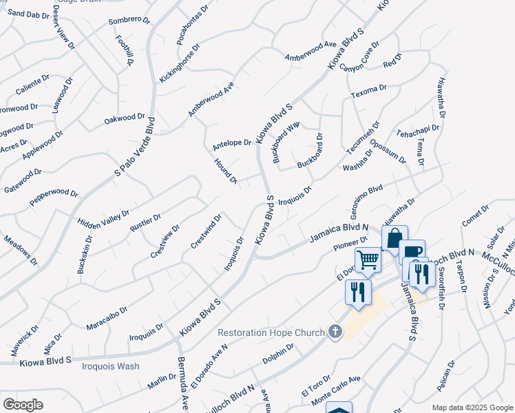 map of restaurants, bars, coffee shops, grocery stores, and more near 3386 Iroquois Drive in Lake Havasu City