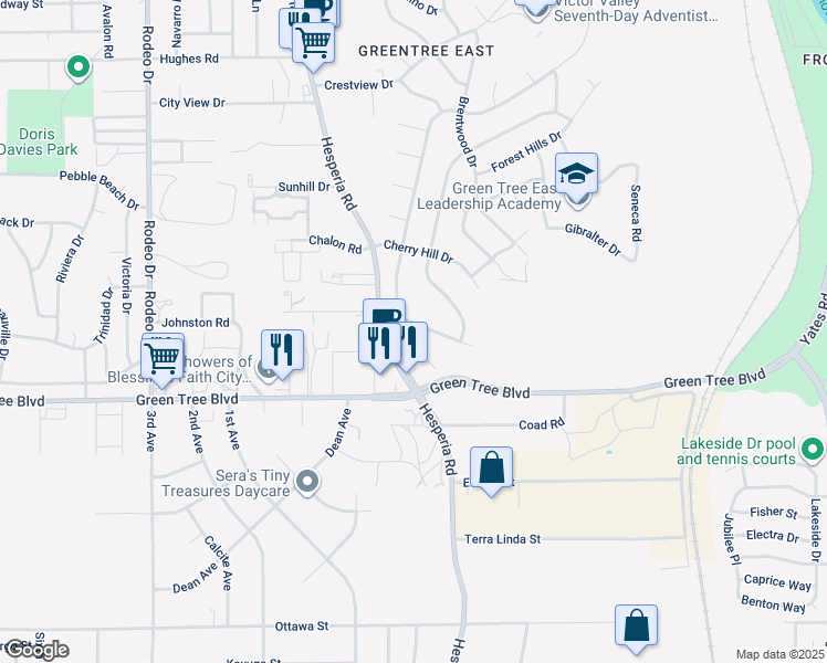 map of restaurants, bars, coffee shops, grocery stores, and more near 13812 Tropicana Drive in Victorville