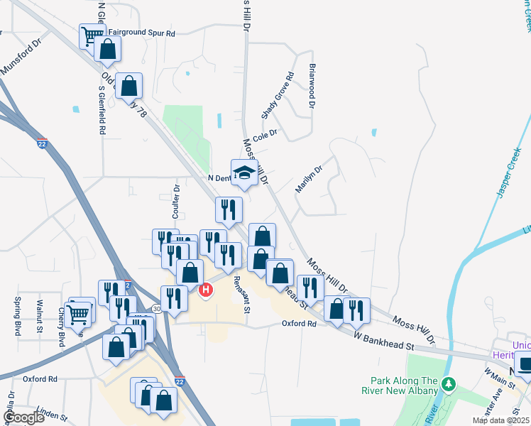 map of restaurants, bars, coffee shops, grocery stores, and more near 701 Moss Hill Drive in New Albany