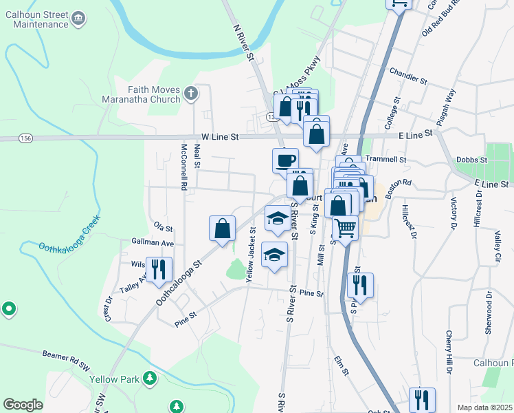 map of restaurants, bars, coffee shops, grocery stores, and more near 102 South Fair Street in Calhoun
