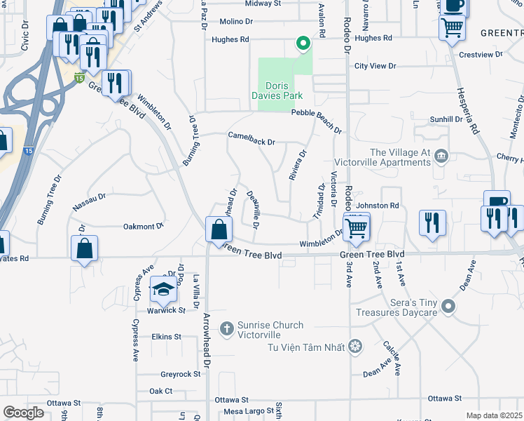 map of restaurants, bars, coffee shops, grocery stores, and more near 16272 Trinidad Drive in Victorville