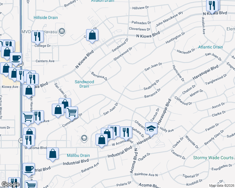 map of restaurants, bars, coffee shops, grocery stores, and more near 2208 Barranca Drive in Lake Havasu City