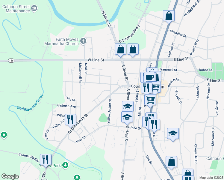 map of restaurants, bars, coffee shops, grocery stores, and more near 102 South Fair Street in Calhoun