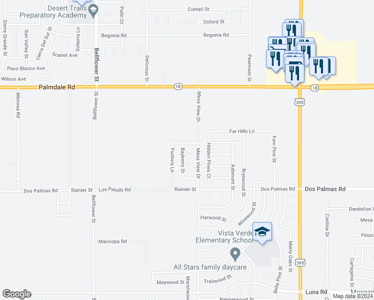 map of restaurants, bars, coffee shops, grocery stores, and more near 11650 Deville Court in Victorville