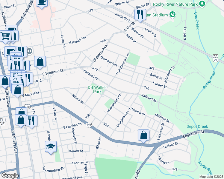 map of restaurants, bars, coffee shops, grocery stores, and more near 914 Railroad Street in Anderson