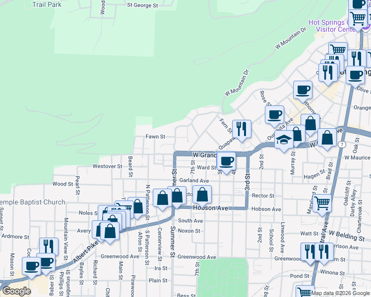 map of restaurants, bars, coffee shops, grocery stores, and more near 228 Pecan Street in Hot Springs