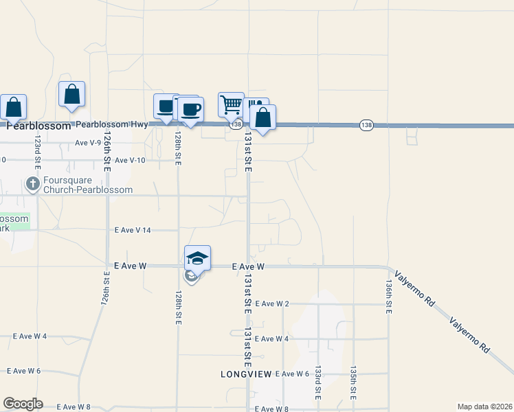 map of restaurants, bars, coffee shops, grocery stores, and more near 32928 1/2 Longview Road in Pearblossom