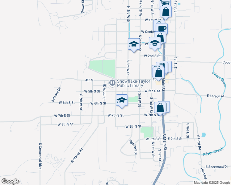 map of restaurants, bars, coffee shops, grocery stores, and more near 463 South 4th Street West in Snowflake