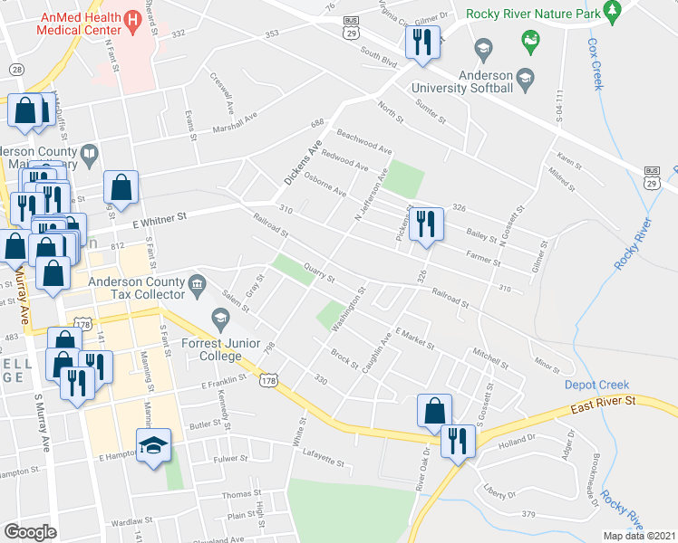 map of restaurants, bars, coffee shops, grocery stores, and more near 106 South Jefferson Avenue in Anderson