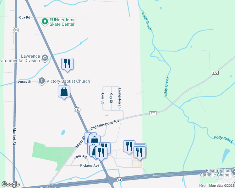 map of restaurants, bars, coffee shops, grocery stores, and more near 218 Livingston Lane in Moulton