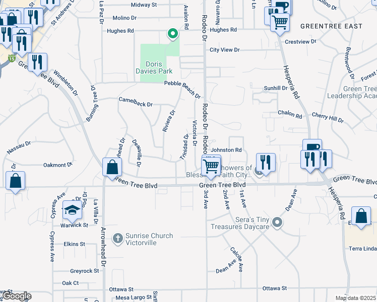 map of restaurants, bars, coffee shops, grocery stores, and more near 13829 Trinidad Drive in Victorville