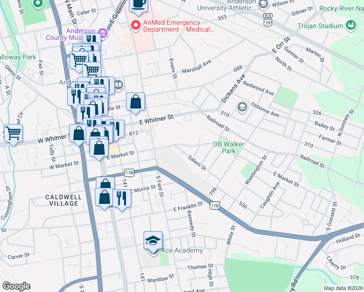 map of restaurants, bars, coffee shops, grocery stores, and more near 517 East Market Street in Anderson