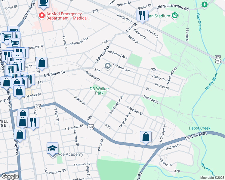 map of restaurants, bars, coffee shops, grocery stores, and more near 906 Railroad Street in Anderson