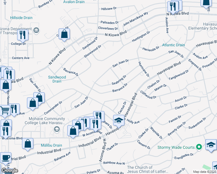 map of restaurants, bars, coffee shops, grocery stores, and more near 2317 Seabring Drive in Lake Havasu City