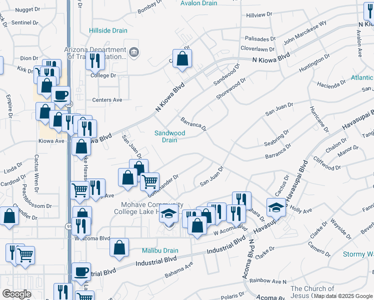 map of restaurants, bars, coffee shops, grocery stores, and more near 2146 Runabout Drive in Lake Havasu City