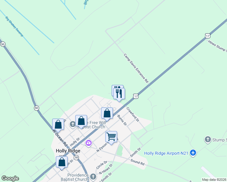 map of restaurants, bars, coffee shops, grocery stores, and more near 148 Buckhorn Avenue in Holly Ridge