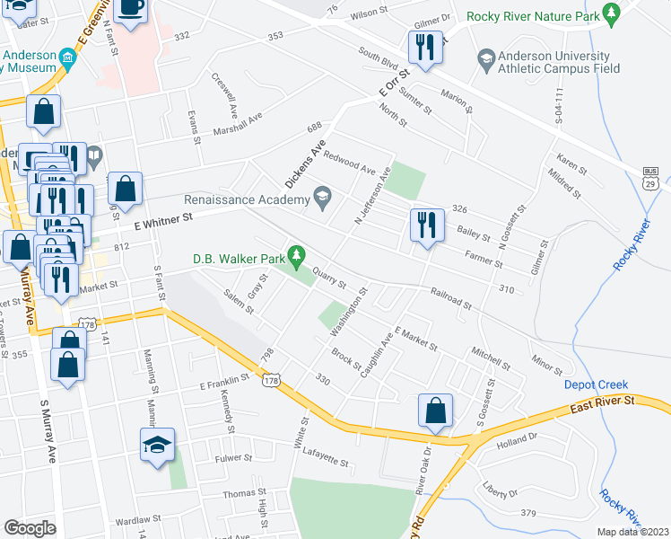map of restaurants, bars, coffee shops, grocery stores, and more near 904 Railroad Street in Anderson