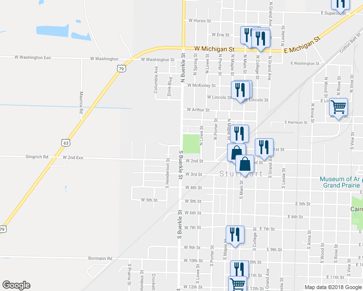 map of restaurants, bars, coffee shops, grocery stores, and more near 101 North Buerkle Street in Stuttgart