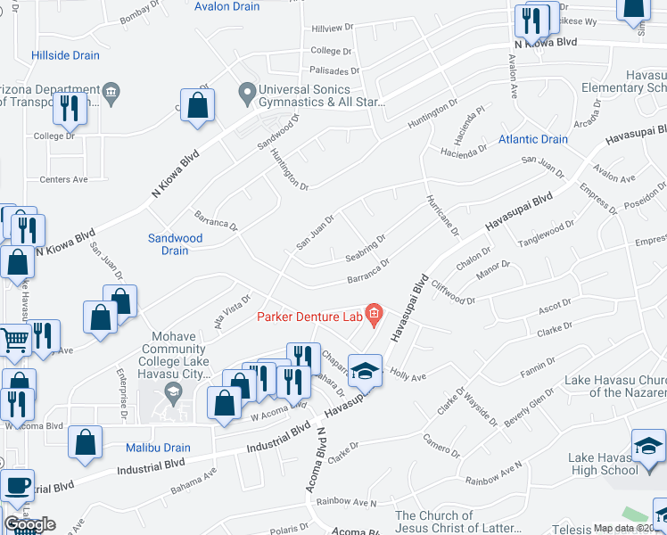 map of restaurants, bars, coffee shops, grocery stores, and more near 2290 Seabring Drive in Lake Havasu City