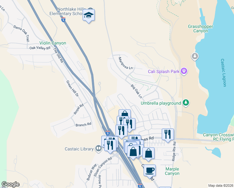 map of restaurants, bars, coffee shops, grocery stores, and more near 32071 Emerald Lane in Castaic