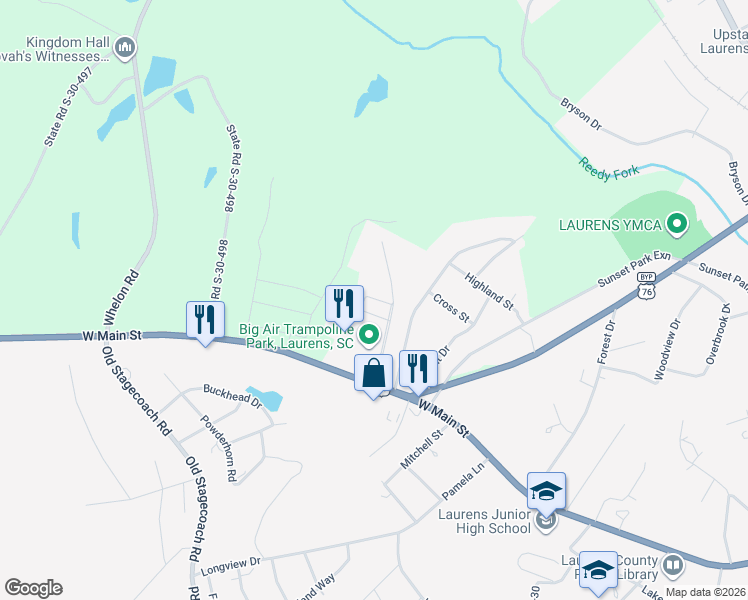 map of restaurants, bars, coffee shops, grocery stores, and more near 201 Reedy Fork Road in Laurens