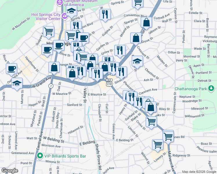 map of restaurants, bars, coffee shops, grocery stores, and more near 109 Silver Street in Hot Springs