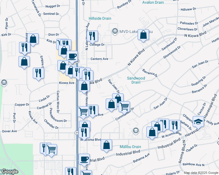 map of restaurants, bars, coffee shops, grocery stores, and more near 1940 North Kiowa Boulevard in Lake Havasu City