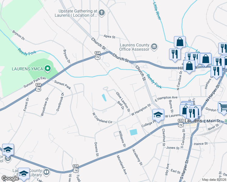 map of restaurants, bars, coffee shops, grocery stores, and more near 216 Bail Drive in Laurens