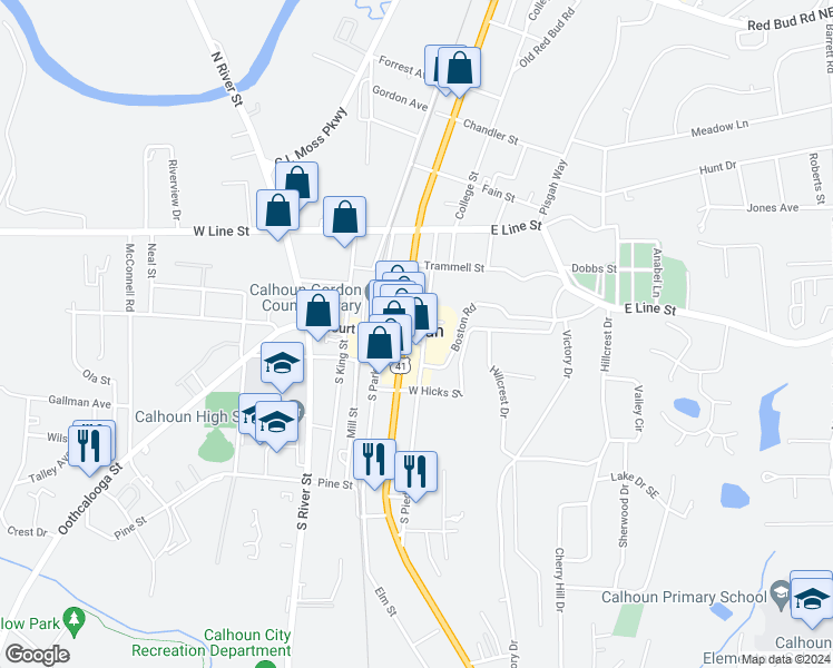 map of restaurants, bars, coffee shops, grocery stores, and more near 100 South Wall Street in Calhoun