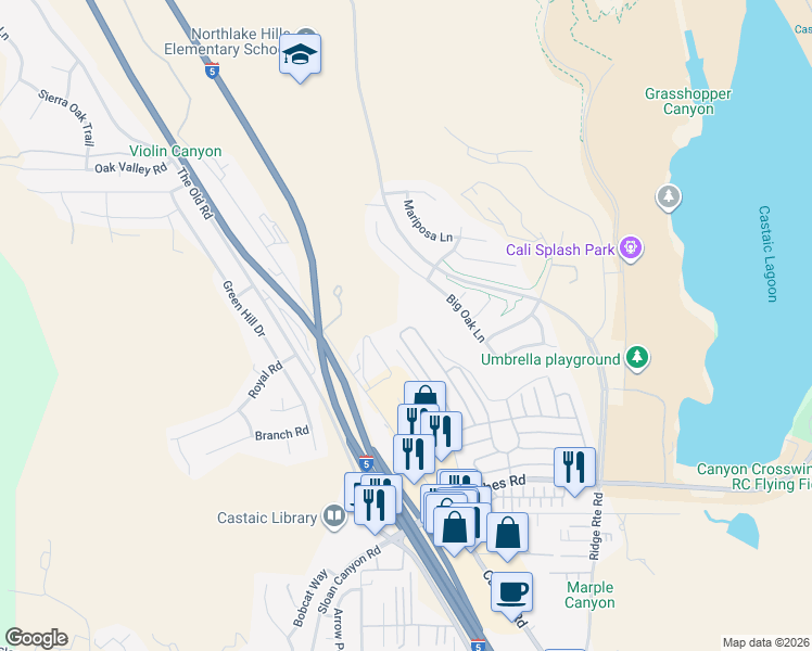 map of restaurants, bars, coffee shops, grocery stores, and more near 32071 Emerald Lane in Castaic