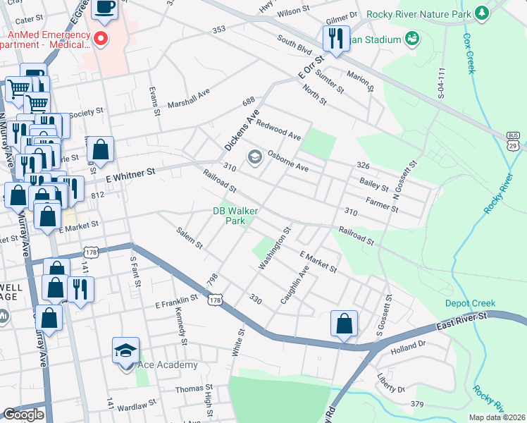 map of restaurants, bars, coffee shops, grocery stores, and more near 106 South Jefferson Avenue in Anderson