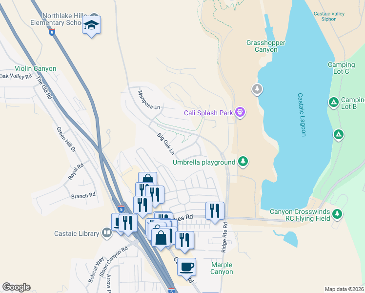 map of restaurants, bars, coffee shops, grocery stores, and more near 27653 Elk Ridge Road in Castaic