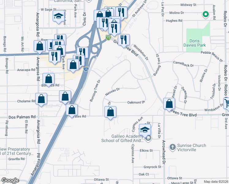 map of restaurants, bars, coffee shops, grocery stores, and more near 15781 Nassau Drive in Victorville