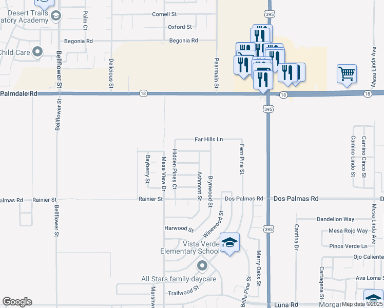 map of restaurants, bars, coffee shops, grocery stores, and more near 11805 Bobcat Hills Lane in Victorville