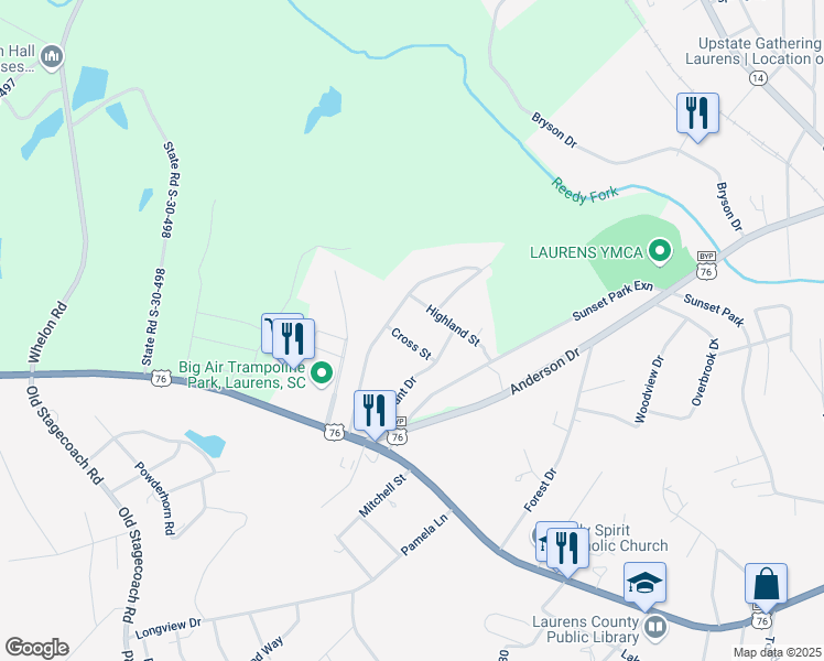 map of restaurants, bars, coffee shops, grocery stores, and more near 100 Highland Street in Laurens