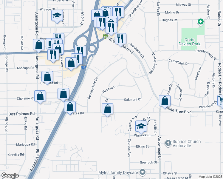 map of restaurants, bars, coffee shops, grocery stores, and more near 15781 Nassau Drive in Victorville