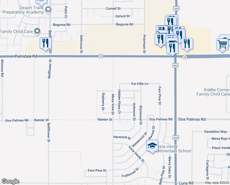 map of restaurants, bars, coffee shops, grocery stores, and more near 13869 Mesa View Drive in Victorville