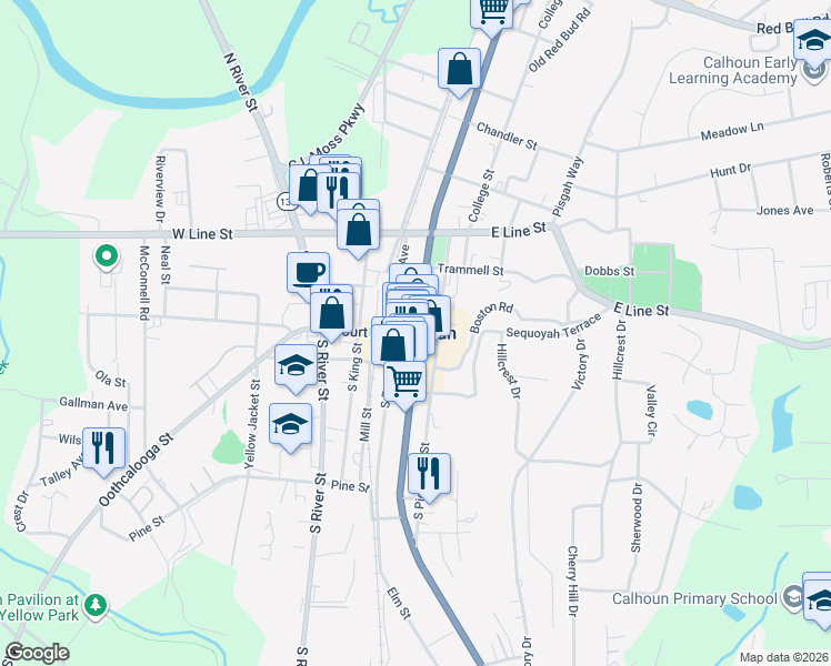 map of restaurants, bars, coffee shops, grocery stores, and more near in Calhoun