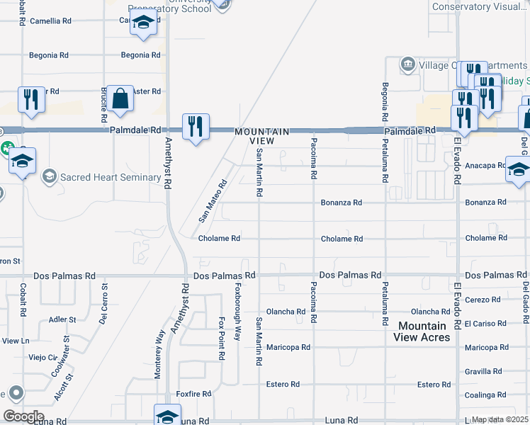 map of restaurants, bars, coffee shops, grocery stores, and more near 13975 Bonanza Road in Victorville