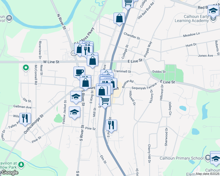 map of restaurants, bars, coffee shops, grocery stores, and more near in Calhoun