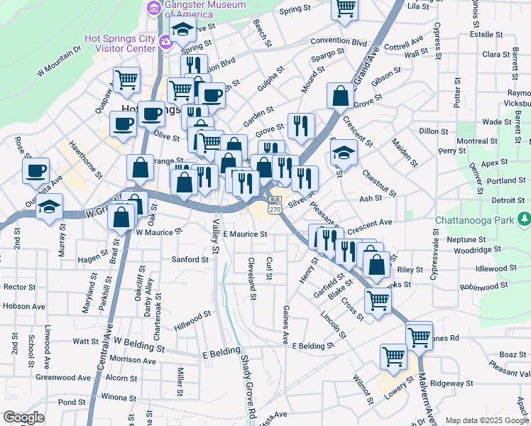 map of restaurants, bars, coffee shops, grocery stores, and more near 181 Hill Street in Hot Springs
