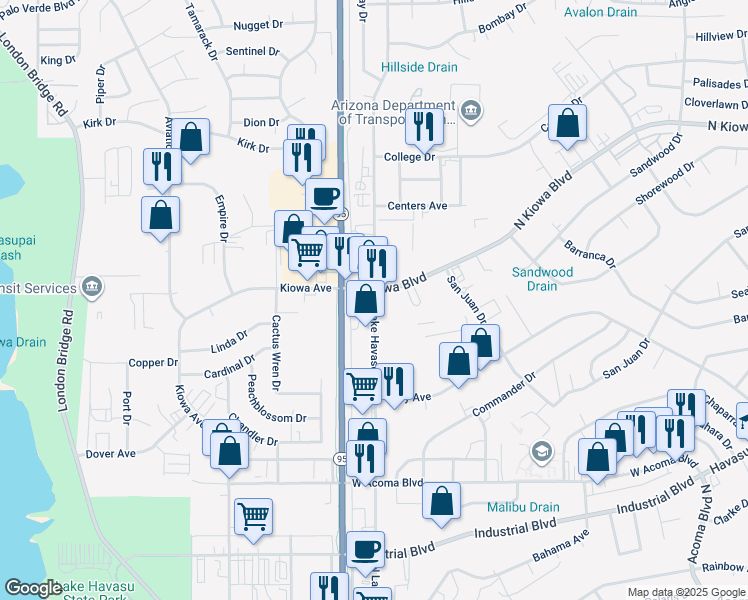 map of restaurants, bars, coffee shops, grocery stores, and more near 1832-1848 North Kiowa Boulevard in Lake Havasu City
